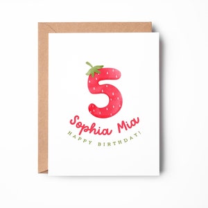 Carte d'anniversaire personnalisée fraise pour enfant, carte de 5e anniversaire, carte d'anniversaire personnalisée, carte mignonne / SKU : LNBD23E