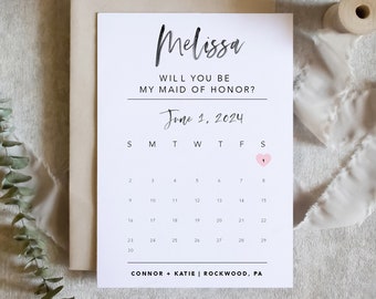 bridesmaid proposal calendar card, Save The Date Card, Will you be my Bridesmaid wedding date card for proposal box / SKU: LNBM64F | ELISE