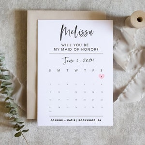 Carte de calendrier pour proposition de demoiselle d'honneur, carte Save The Date, carte de date de mariage Serez-vous ma demoiselle d'honneur pour boîte de propositions / SKU : LNBM64F | ÉLISE