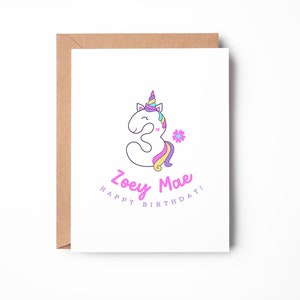 Carte d'anniversaire personnalisée licorne pour enfant, 3e anniversaire, carte d'anniversaire personnalisée, jolie carte / SKU : LNBD30C