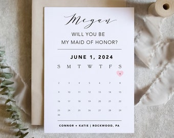 bridesmaid proposal calendar card, Save The Date Card, Will you be my Bridesmaid wedding date card for proposal box / SKU: LNBM64B | LUNA