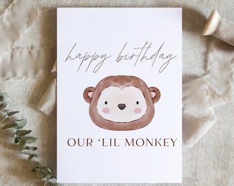 happy birthday our lil monkey, funny birthday card for friend, cute birthday monkey card, monkey birthday card / SKU: LNBD05