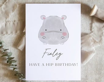 Have A Hip Birthday, Personalized Hippo Birthday Card for Toddler or Baby, Childrens Card, First Birthday Card/ SKU: LNBD03