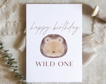 happy birthday wild one, animal themed birthday card, cute birthday card, first birthday card animal theme, zoo tiger bday / SKU: LNBD08B