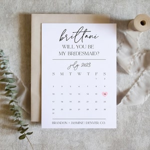 bridesmaid proposal calendar card, Save The Date Card, Will you be my Bridesmaid wedding date card for proposal box / SKU: LNBM64 ZOEY image 1