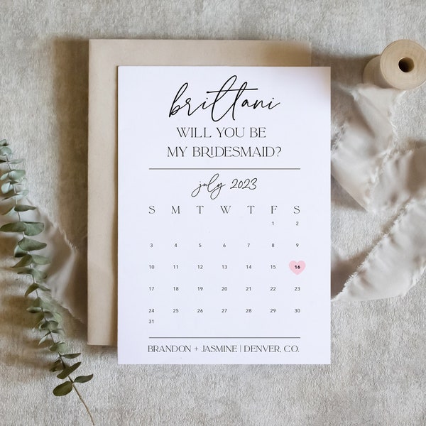 bridesmaid proposal calendar card, Save The Date Card, Will you be my Bridesmaid wedding date card for proposal box / SKU: LNBM64 | ZOEY