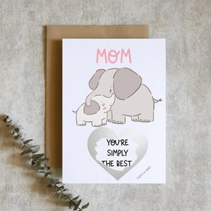 carte de fête des mères éléphants, carte de fête des mères, carte de fête des mères à gratter, carte pour maman, simplement la meilleure des mamans / SKU : LNFG10I