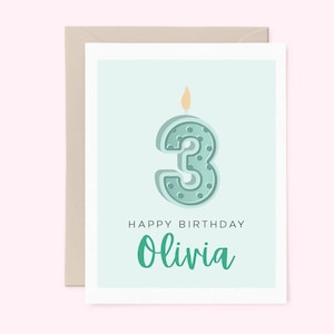 Carte d'anniversaire personnalisée pour tout-petit ou bébé, carte pour enfants, carte d'anniversaire personnalisée, carte pour 3e anniversaire, jolie carte bougie 0TLCC03C