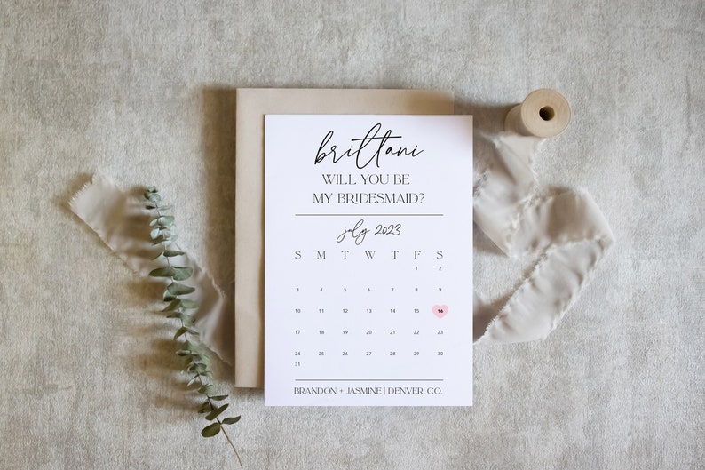 bridesmaid proposal calendar card, Save The Date Card, Will you be my Bridesmaid wedding date card for proposal box / SKU: LNBM64 ZOEY image 1