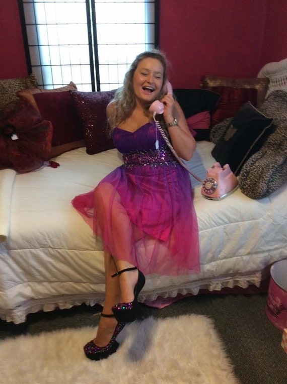 Spaghetti Strap Purple Fuschia Sequined Part Dress