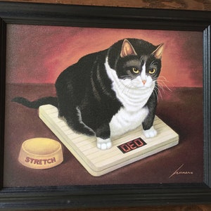 Cute, Funny, Fat Cat on Scale Weighing Himself, Framed Picture, Wall Decor, Cat Lover, Pet, Family Pet, Animal, Custom Wood Frame, scale