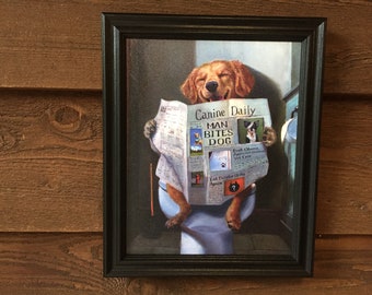 Cute Framed Picture of Dog on Toilet Reading the Newspaper, Family Pet, Dog, Signs, Pet, Family Dog, Home Decor, Home & Living, Animal