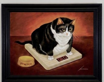 May include: A framed painting of a black and white cat sitting on a wooden scale. The scale displays the text OED, and a small yellow bowl next to it features the word STRETCH. The background is a solid dark red color within a black frame.