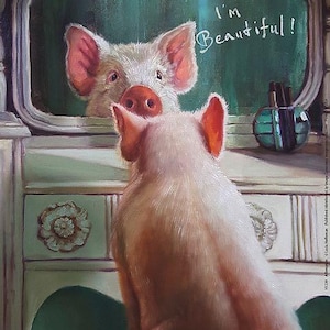 Cute Framed Picture Of A Pig Looking In The Mirror And Thinking She "Is Beautiful", Pig Wall Decor, Home Decor, Family Pet, Animal Pig Lover image 2