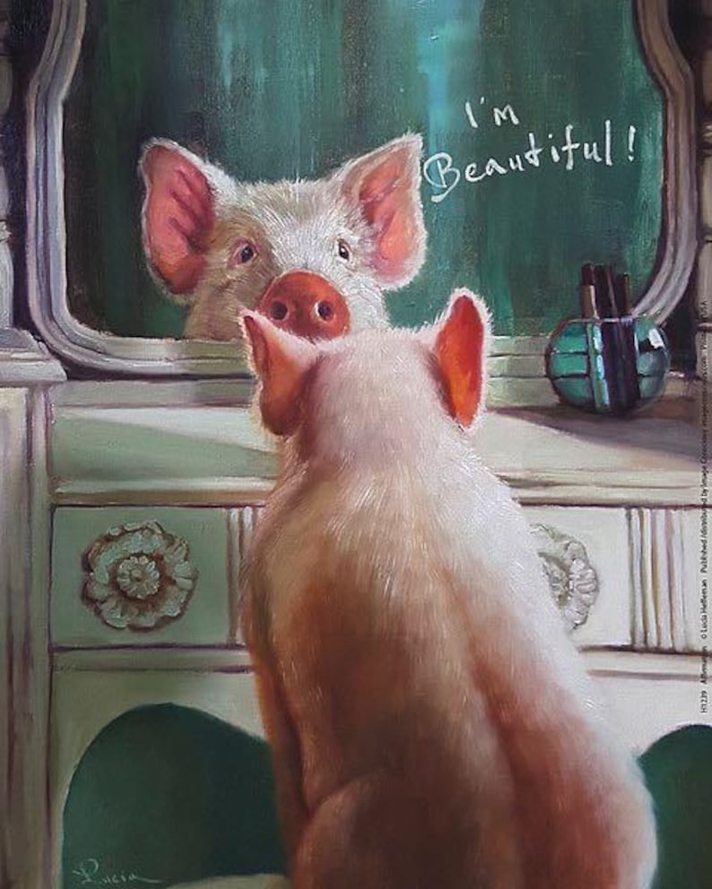 Cute Framed Picture Of A Pig Looking In The Mirror And Thinking She "Is Beautiful", Pig Wall Decor, Home Decor, Family Pet, Animal Pig Lover image 2