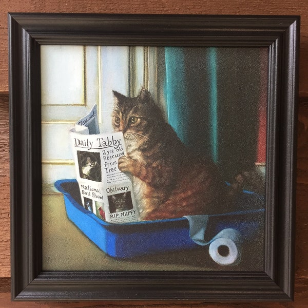 Cute framed picture of cat in the litterbox,cat lover, family cat, cat wall decor,kitten,handmade, litterbox, funny,tabby cat,newspaperhumor