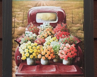 Burgundy farmhouse country truck picture with beautiful flowers in the bed of the truck vintage truck rustic wood frame country home decor