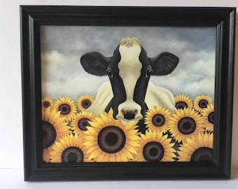 Cute, Framed Picture of Black and White Cow in a field of Sunflowers, Farmhouse Picture, Cow Lover, Cow Decor, Sunflowers, cow art,country