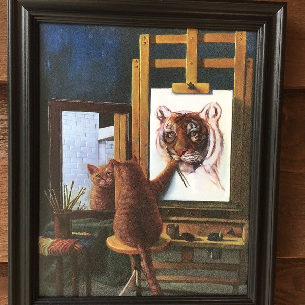 Cute Framed Picture of Cat Painting Himself Seeing A Lion, Pet, Cat Wall Decor, Animal, Family Pet, Cat, Kitten,Cat Lover,Handmade, Humor
