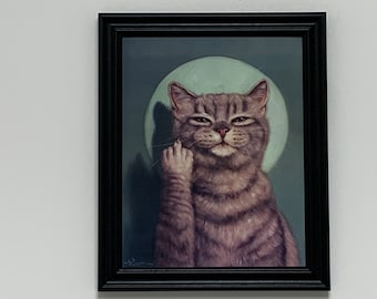 Cute funny humorous framed picture of cat giving the finger.
