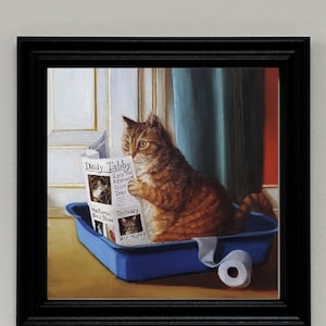 Cute framed picture of cat in the litterbox,cat lover, family cat, cat wall decor,kitten,handmade, litterbox, funny,tabby cat,newspaperhumor