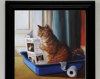 Cute framed picture of cat in the litterbox,cat lover, family cat, cat wall decor,kitten,handmade, litterbox, funny,tabby cat,newspaperhumor