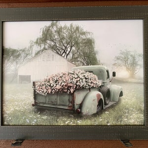 Framed picture of old truck with beautiful flowers in bed of truck, farmhouse living, old barn, farmhouse distressed, country home decor