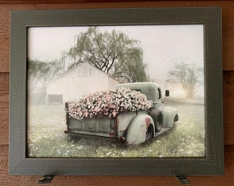 Framed picture of old truck with beautiful flowers in bed of truck, farmhouse living, old barn, farmhouse distressed, country home decor