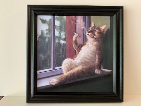Cute framed cat sitting on windowsill smoking a cigarette and watching the rain cat humor cat friend gift cat with an attitude cat decor