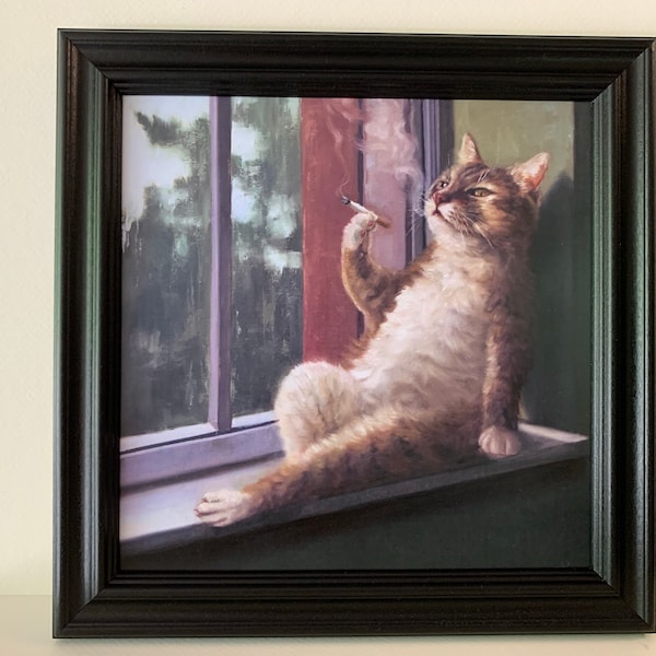 Cute framed cat sitting on windowsill smoking a cigarette and watching the rain, cat humor, cat friend gift, cat with an attitude, cat decor