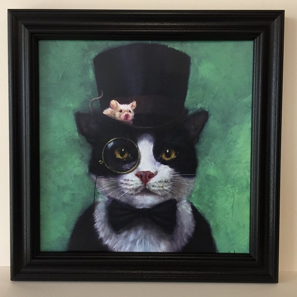 Cute Framed Picture of tuxedo cat wearing a top hat with a mouse on it. Cat lover, animal lover, family cat, cat wall decor, black cat,fun