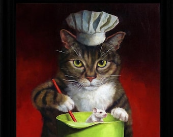 Cat Chef Framed Art Print/Cute Kitchen Wall Decor/Cooking Cat Lover Gift/Whimsical Pet Art/Funny Cat Painting