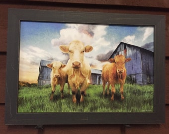 May include: A framed print featuring three cows standing in a grassy field with a barn in the background. The cows are various shades of tan and brown, with a blue and gray barn. The sky is a mix of blue, white, and orange.