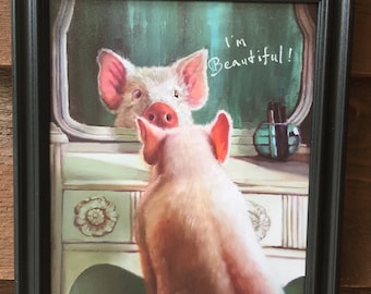 Cute Framed Picture Of A Pig Looking In The Mirror And Thinking She "Is Beautiful", Pig Wall Decor, Home Decor, Family Pet, Animal Pig Lover