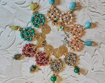 Hand-woven rosette earrings with crystals and semiprecious stones