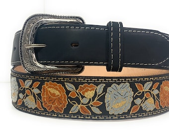 Women's Floral Embroidered Western Leather Belt, Black Cowboy Rodeo Belt