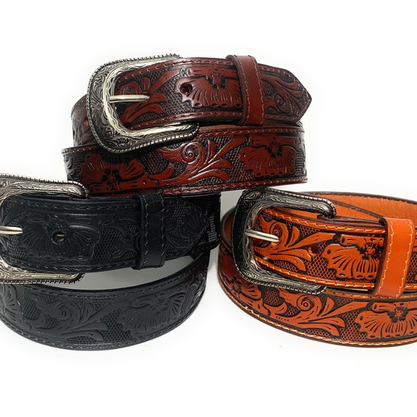 Floral Embossed Genuine Leather Casual or Work Belt, Western Style Leather Belt