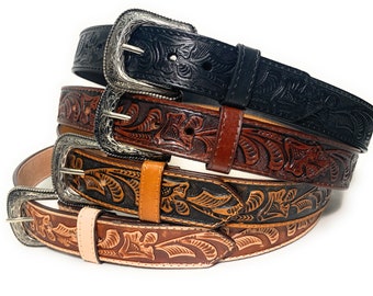 Tulip Embossed Genuine Leather Casual or Work Belt, Western Style Leather Belt