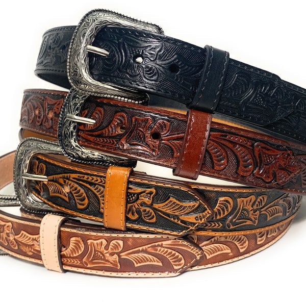 Tulip Embossed Genuine Leather Casual or Work Belt, Western Style Leather Belt
