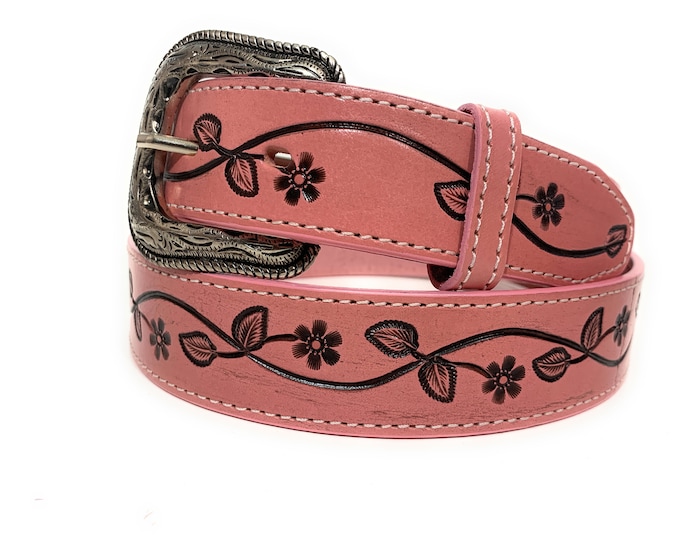 Pink Western Leather Belt. Women's Hand Tooled  Rodeo Belt