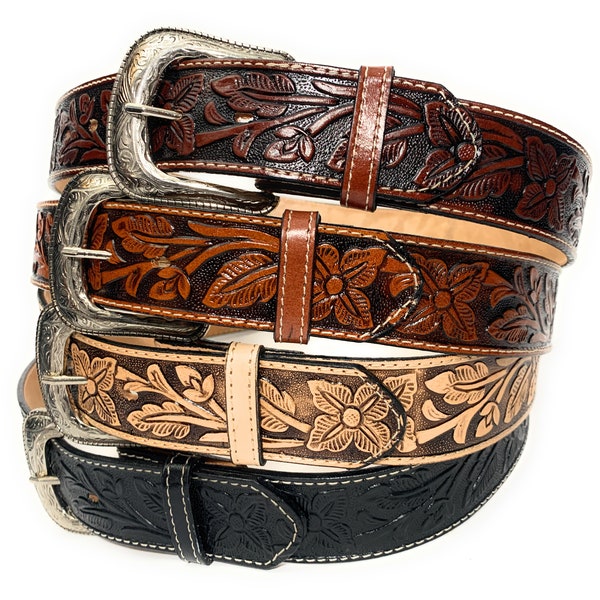 1 3/4 " Wide Embossed Genuine Leather Western Style Leather Belt, Cowboy Rodeo Belt