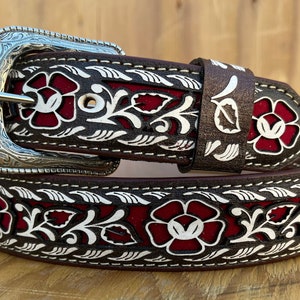 Women's Hand Tooled Western Belt, Genuine Leather Cowgirl Rodeo Belt