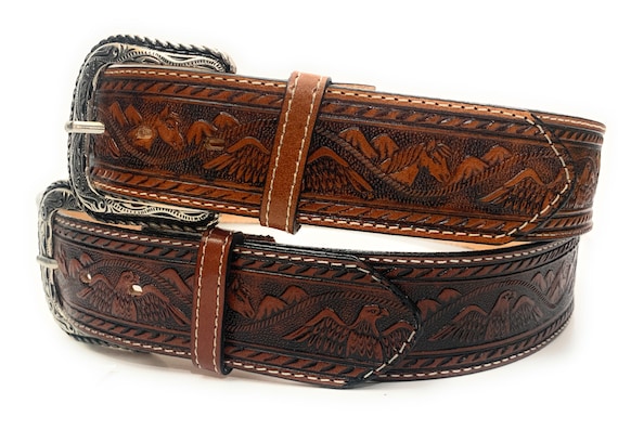 Unisex Brown Leather Belt with Mexican Eagle Rhinestone 38