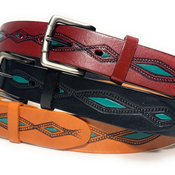 Men's Genuine Leather Western Style Belt, Turquoise Decorated Cowboy Rodeo Belt. Cinto Vaquero