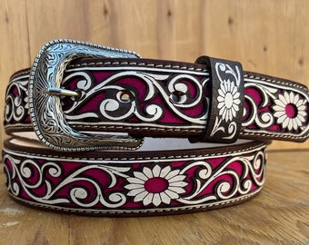 Women's Hand Tooled Western Belt, Genuine Leather Cowgirl Rodeo Belt