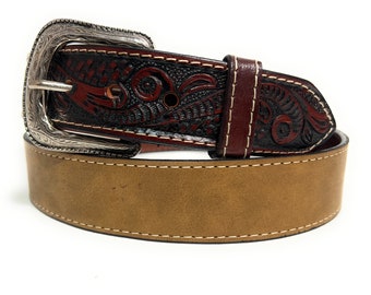Brown Genuine Leather Western Style Leather Belt, 1 1/2" Wide Cowboy Rodeo Tulip Embossed leather Belt