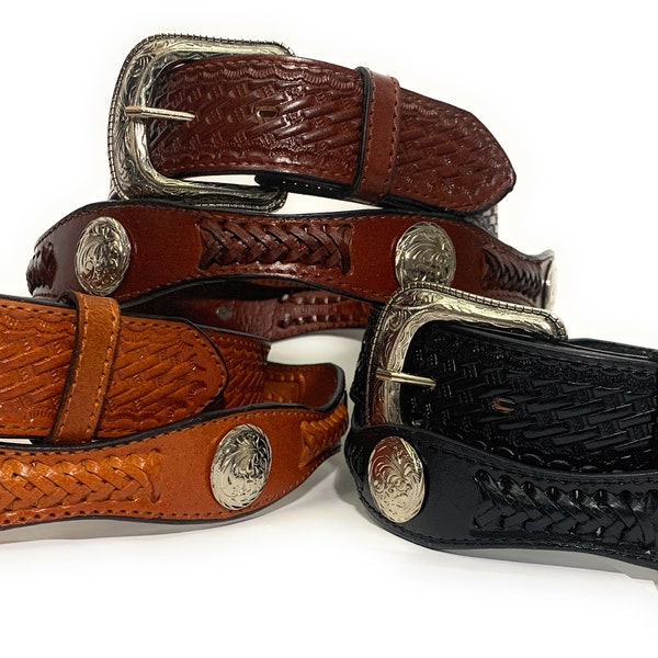 Men's Genuine Leather Concho Western Style Belt, Concho Decorated Cowboy Rodeo Belt. Cinto Vaquero