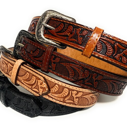 Kids Western Leather Belt. Tulip Decorated Little Cowboy Rodeo Belt.