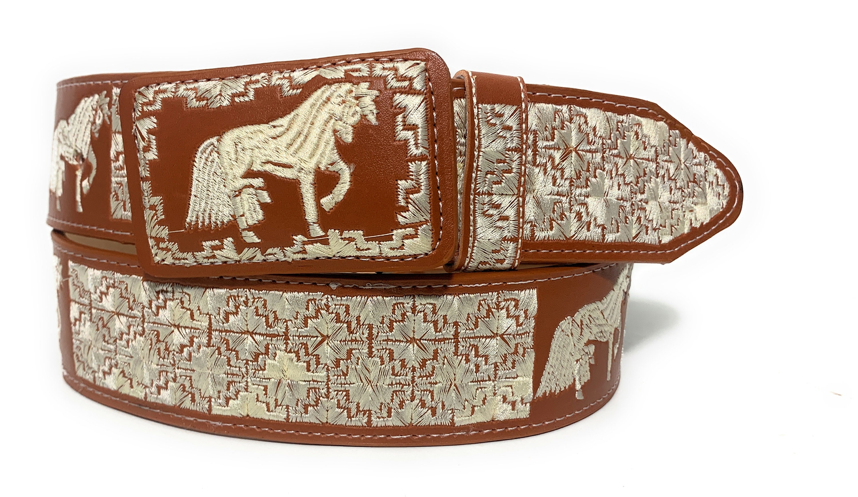 Cinturones El Captan Belt Mens 40 White Leather Embroidered Stallion Western