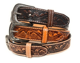 Kids Western Leather Belt. Eagle and Horse Decorated Heavy Duty Little Cowboy Rodeo Belt.